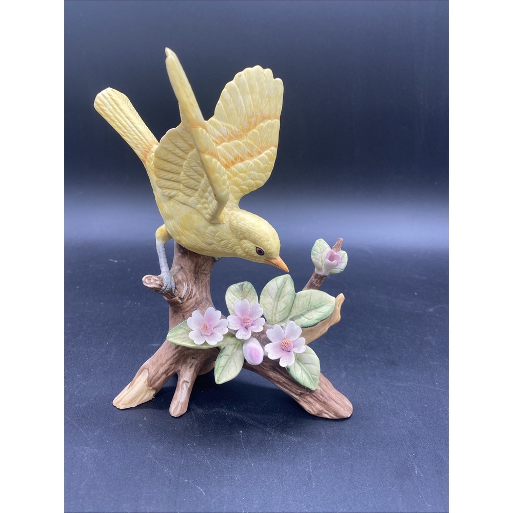 Andrea by Sadek Porcelain Figurine Yellow "Canary" with Pink Flowers